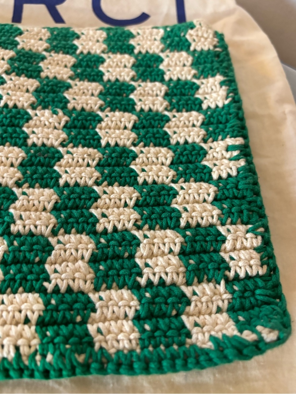 Clare V. Flat Clutch with Tabs in Sea Green & Cream Mini Crochet Checker - EUC - Picture 7 of 13